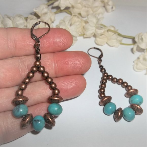 Southwestern Hoop Earrings Turquoise Blue and Rustic Copper Boho Style Set 7013 - Picture 7 of 9